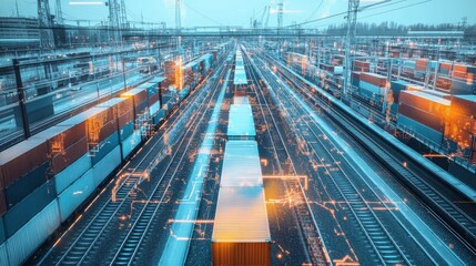 Elevated view of a modern freight train yard with digital overlays.