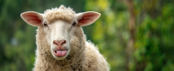 Naklejka premium The playful sheep sticking its tongue out in a serene natural setting.