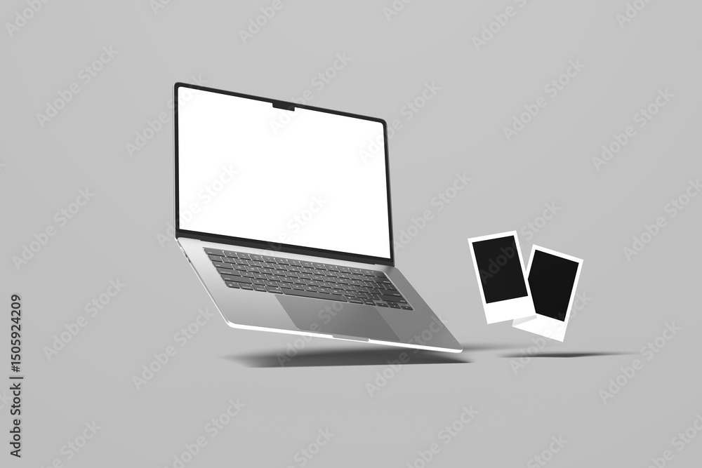 Poster realistic laptop mockup with blank screen isolated on white realistic horizontal photo card frame mo