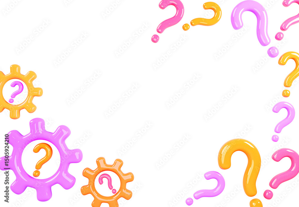 Aufkleber purple 3d background with color engine gears and question marks top view. science and education, bus