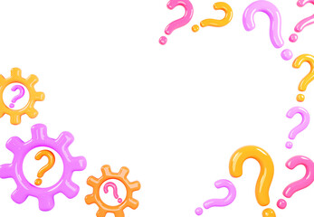 Purple 3d background with color engine gears and question marks top view. Science and education, business innovation technology solution concept. Cartoon render icons with copy space