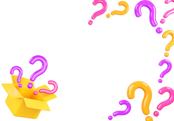 3d mystery open parcel box with color question marks on purple render background. Ask banner gift idea, surprise present carton package delivery with bonus or prize, poster template
