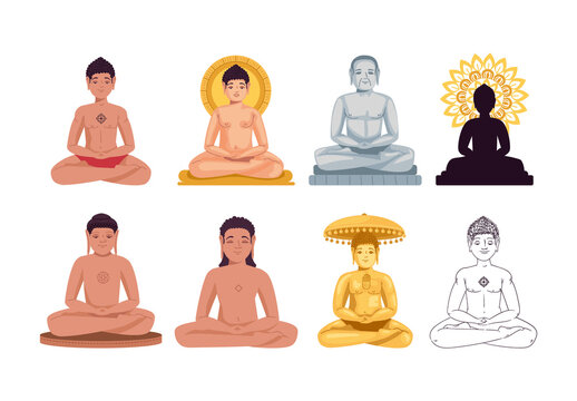 Colorful Tirthankara Jainism Dharma Meditation Illustrations Design Set