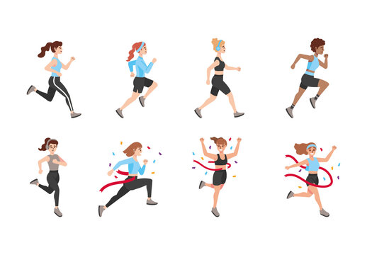 Colorful Runners Women Athletic Sport People Marathon Illustrations Set