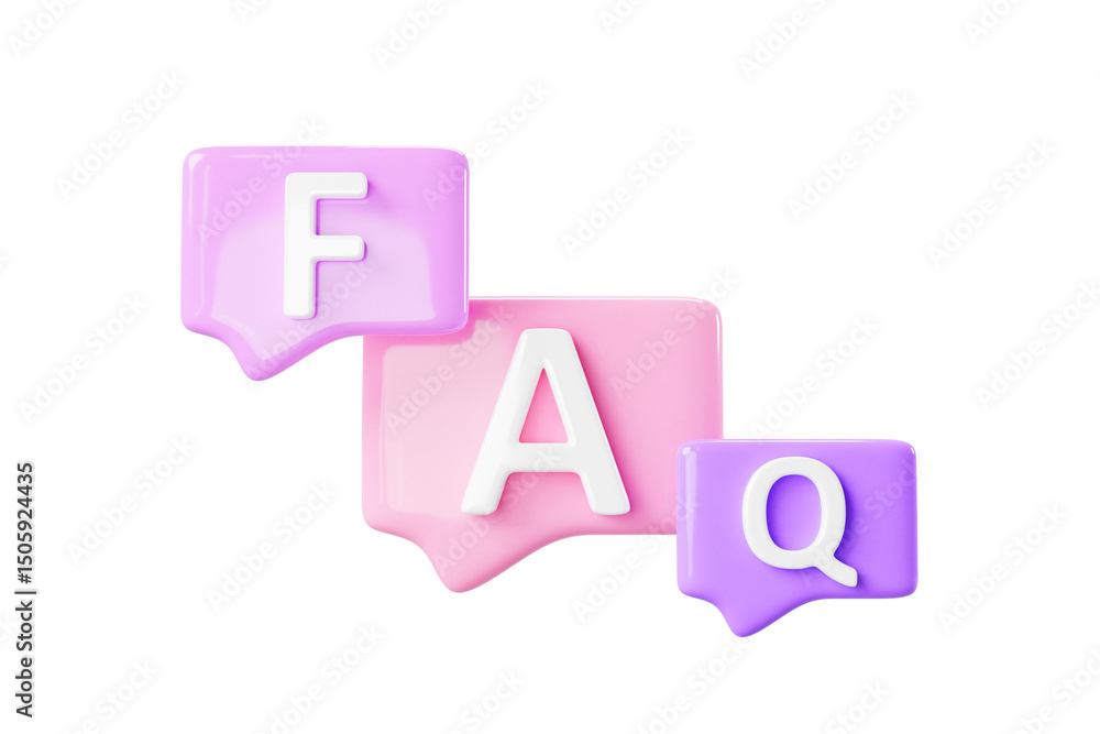 Poster faq speech bubbles on purple background 3d render icons. social media questions and answers, square 