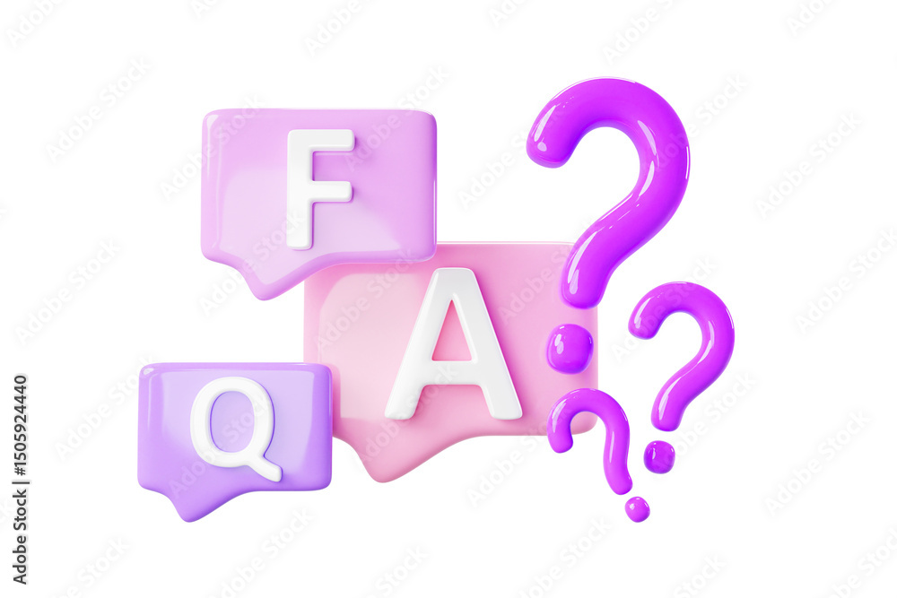 Poster FAQ font letters on speech bubbles with question marks on purple background 3d render. Chat messages color icons, search answer online, dialog with support. Talk boxes with ask signs