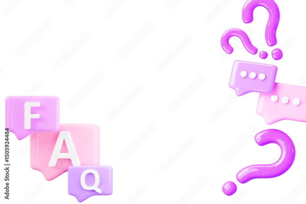 Poster 3d faq speech bubble icons render purple background. question answer communication social dialogue b