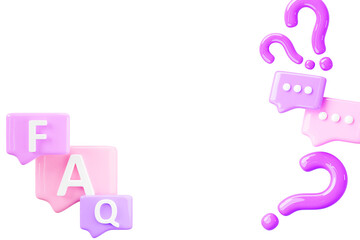 3d faq speech bubble icons render purple background. Question answer communication social dialogue banner with color rectangular chat message boxes, ask or doubt signs and empty space