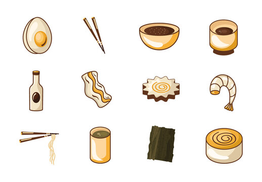 Brown And Yellow Asian Cuisine Japanese Food illustrations Set