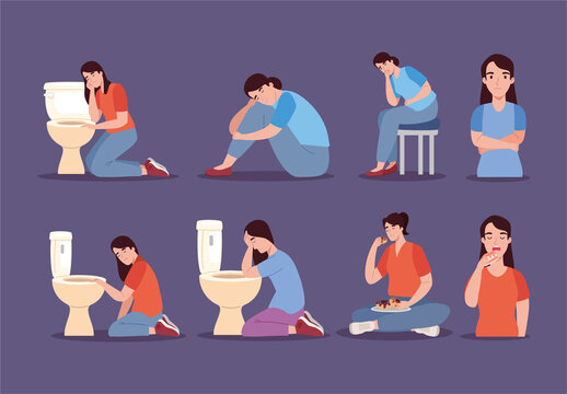 Colorful Bulimia Eating Disorder Women Toiled Sick Illustrations Design Set