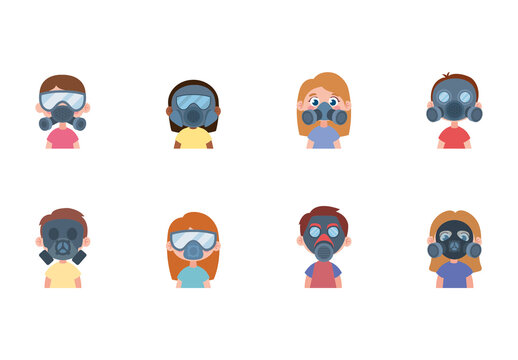 Colorful Kids Gas Mask Children Safety Equipment Illustrations Set