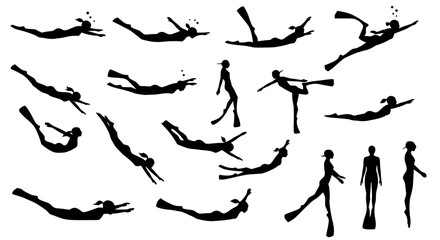 A collection of black silhouette icons depicting people doing freediving. The figures are shown in various dynamic poses underwater.