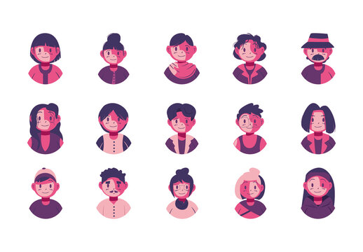 Purple And Red Profile Pictures Avatars Characters Faces Illustrations Set