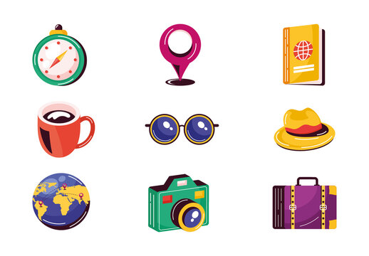 Colorful Travel Vacation Tourism Illustrations Designs Set