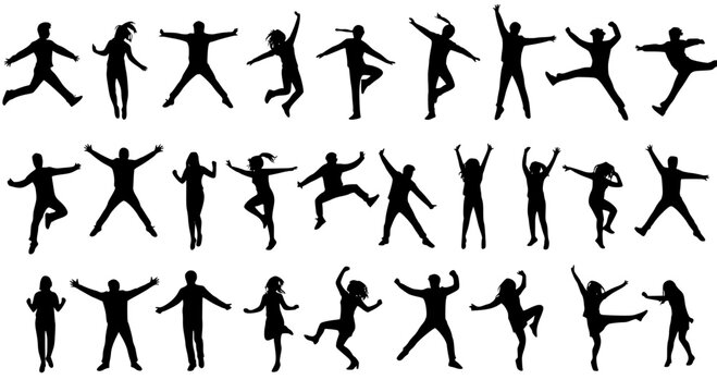 A collection of black silhouette icons depicting people in various dynamic poses of jumping and partying. The composition includes several examples of individuals in various stages and styles of jumpi