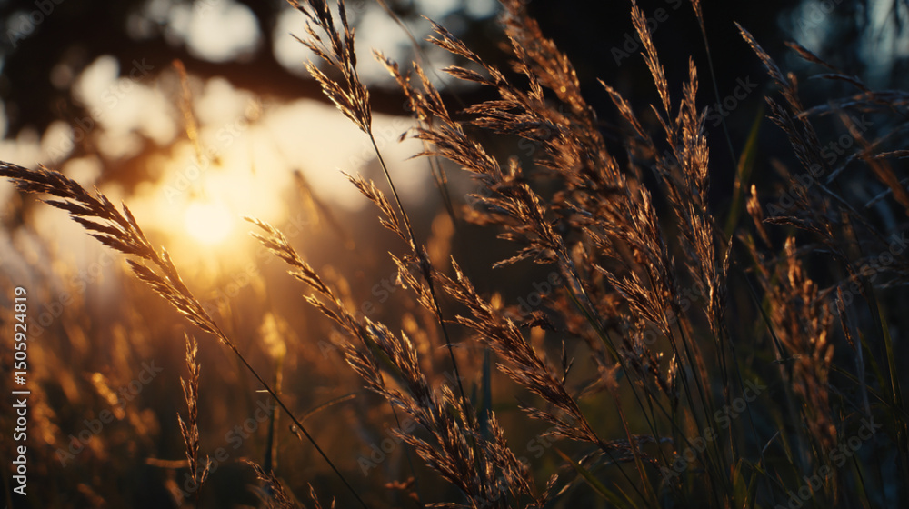 Poster close up of golden grass with the sun setting in the background creating a warm and peaceful scene