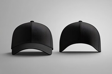 Two black baseball caps, front and back views, on a plain gray background