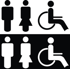 Gender and Disability Restroom icons Set. Male, female and disabled toilet symbol, washroom signs, WC toilet, Hand wash signs isolated on transparent Background. vector illustration 