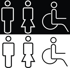 Gender and Disability Restroom icons Set. Male, female and disabled toilet symbol, washroom signs, WC toilet, Hand wash signs isolated on transparent Background. vector illustration 