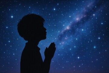 Boy Praying Looking at Night Starry Sky Glitter Glow Galaxy Flicker Above Hope Love Peace Theme Spiritual Contemplation Illustration Silhouette Child Gazing Up
