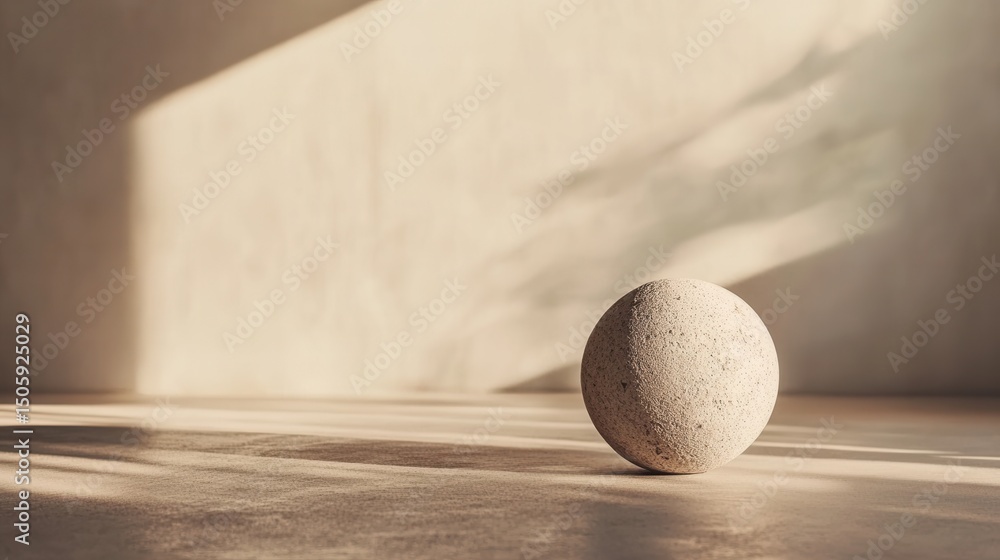 Poster simple textured sphere casting soft shadows on a warm neutral background with natural light