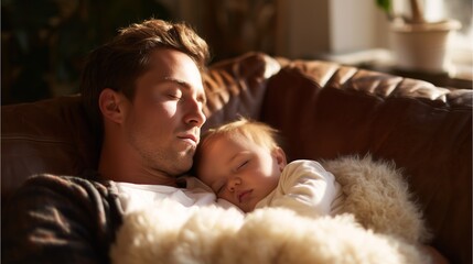 Father and baby share a peaceful moment on a cozy couch in warm afternoon light
