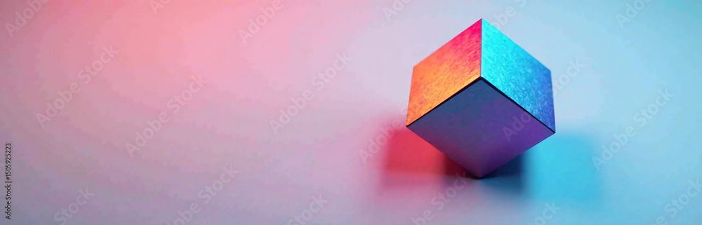 Poster geometric shape color gradient metallic finish sits atop futuristic abstract background bright neon