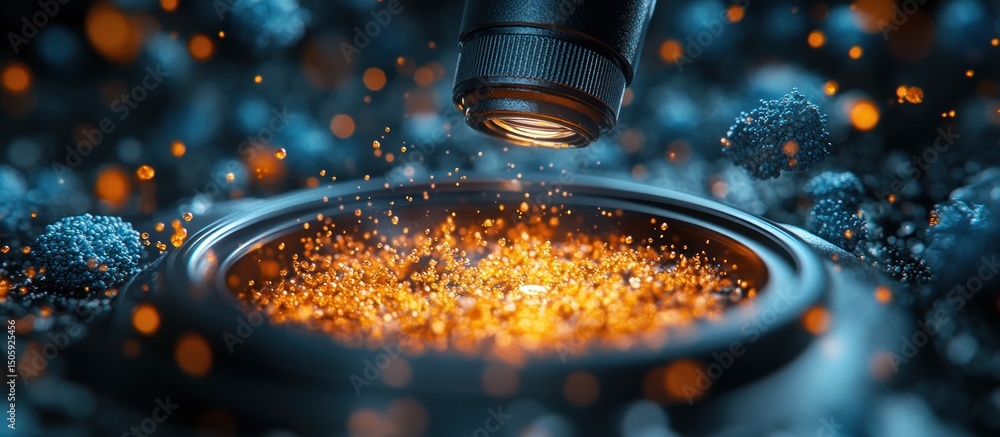 Poster microscope analyzing glowing particles, cells in background