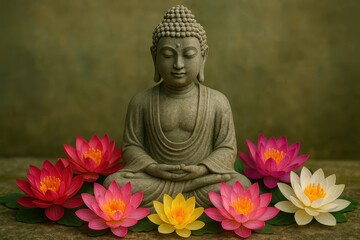 Fototapeta premium Serene Buddha Statue Adorned with Colorful Flowers Symbolizing Peace Enlightenment Spirituality Meditation and Harmony Zen Garden Concept Art Still Life