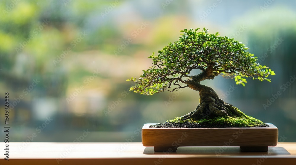 Aufkleber lush bonsai tree in natural setting with soft focus background, capturing serenity and harmony in a 