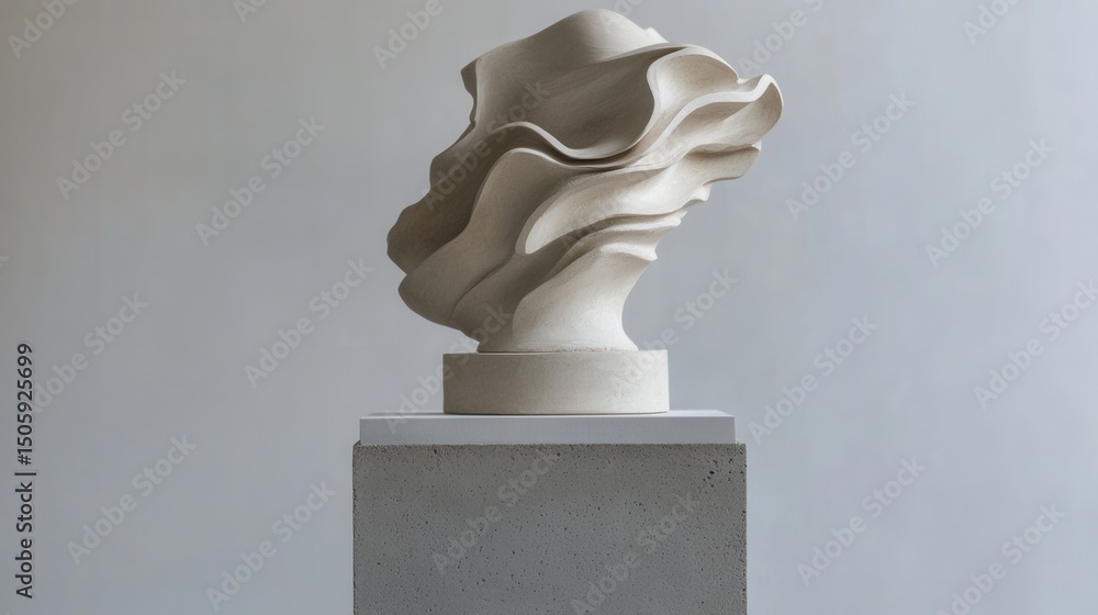 Poster abstract wave-inspired sculpture on pedestal showcasing flowing shapes and textures in a minimalist 