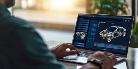 Electric car design software on computer screen showing simulation blueprint brisk by digital calculating application for manufacturing preparation