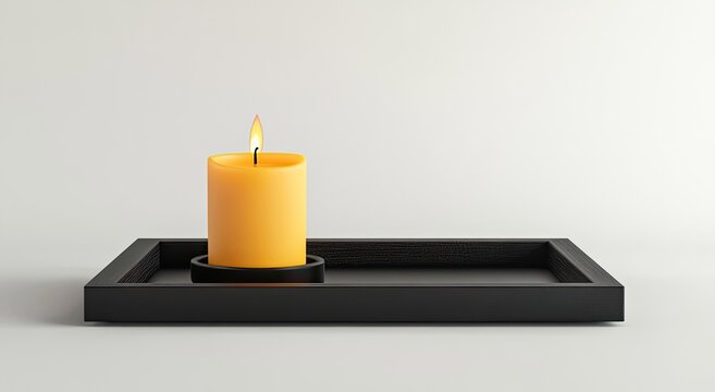 Single yellow candle on black tray