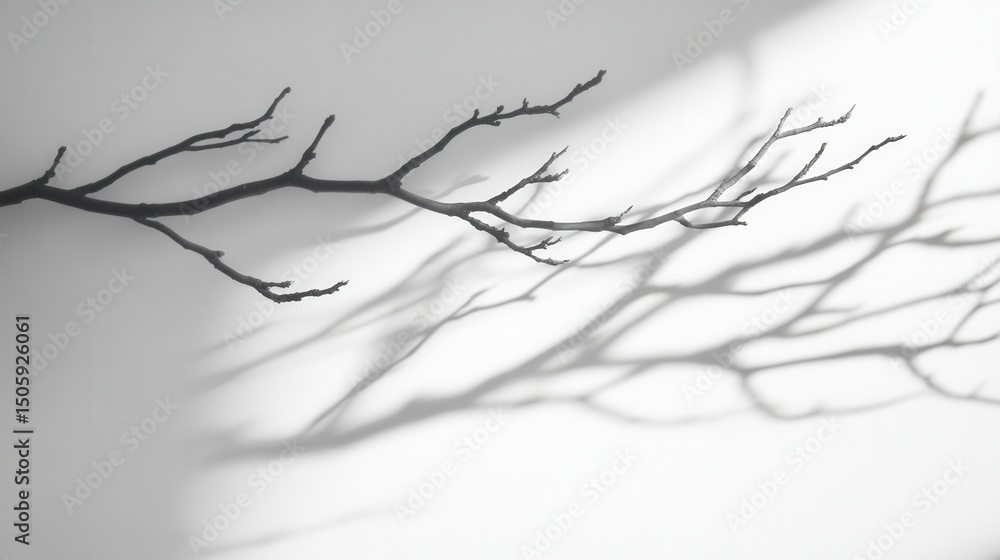 Poster shadow of a dry branch on a white wall creating intricate patterns of light and dark in a minimalist
