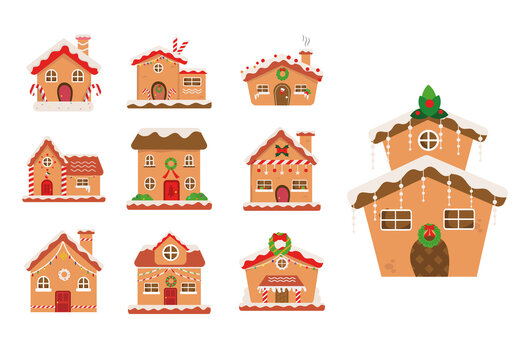 Beige And Red Gingerbread House Winter Holiday Christmas Pastry Decoration Illustrations Set
