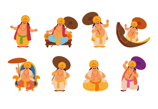 Colorful Mahabali King Hindu Traditional Legendary Character Illustrations Set