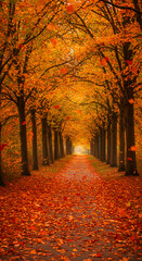 Naklejka premium Autumn pathway through vibrant orange trees