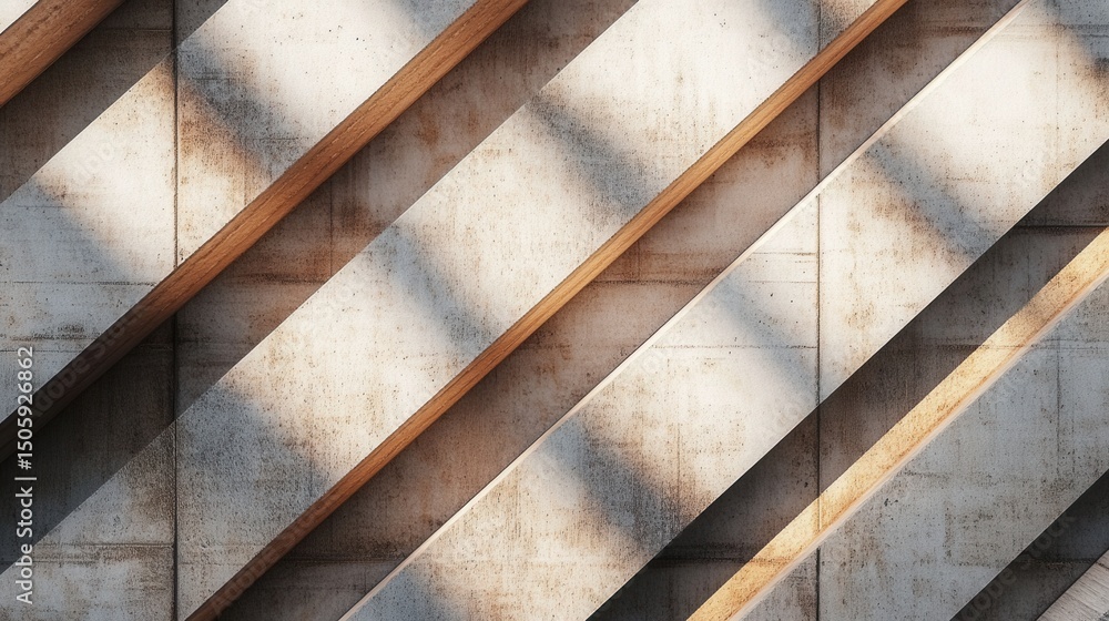 Poster abstract architectural background with diagonal wood and concrete elements creating patterns of ligh
