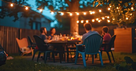 Blurred backyard dinner party under string lights