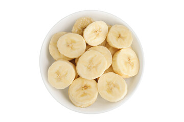 peeled banana pieces in ceramic bowl isolated on white background. Top view. Flat lay.
