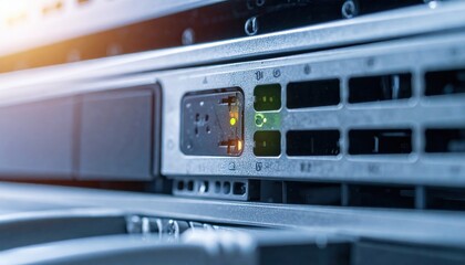 Close up view of a server rack's hard drive bays showing indicator lightsTechnology Data Center Server Room Infrastructure