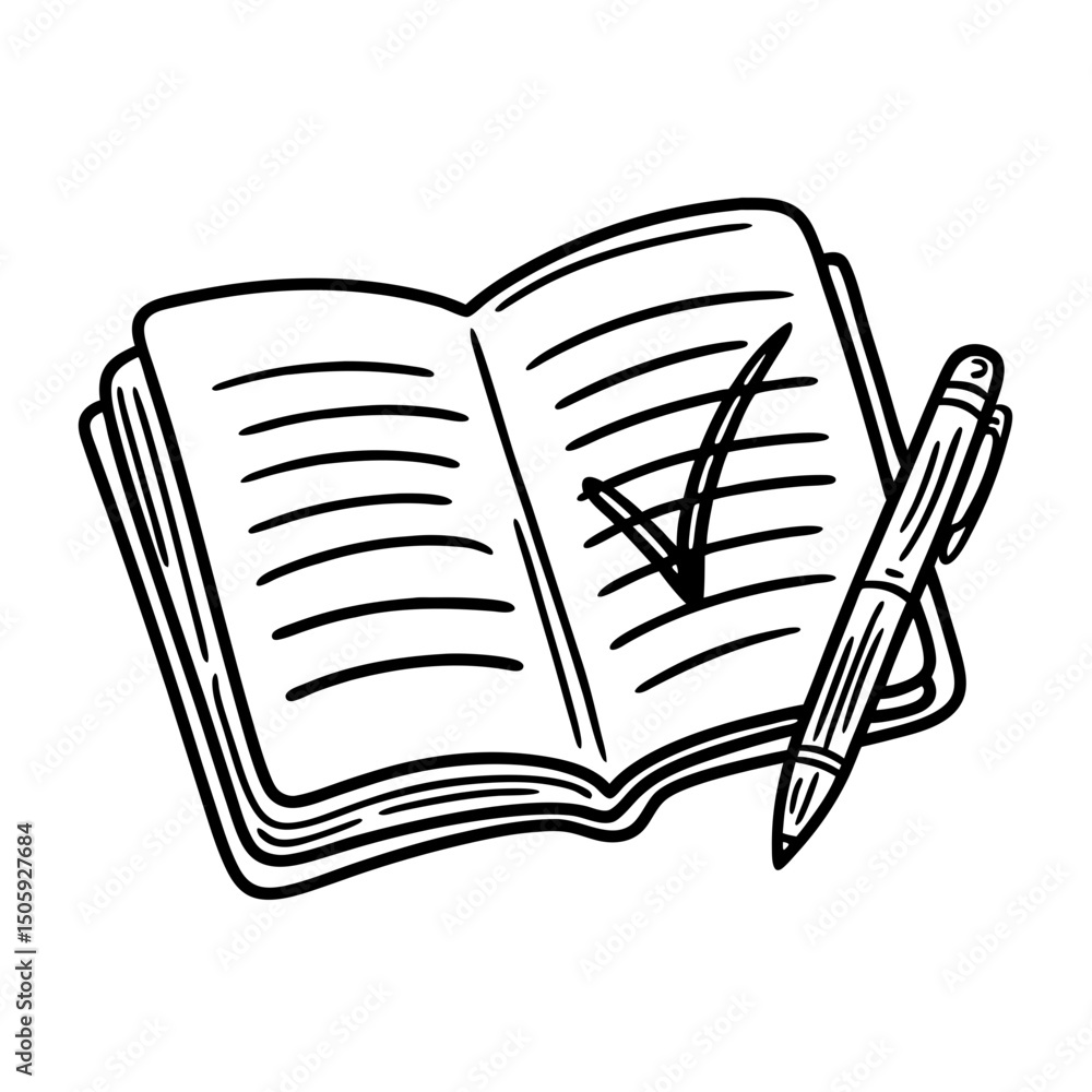 Poster open notebook with checkmark and pen, for planning and organization, isolated design element