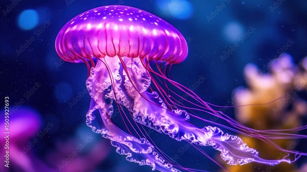 Poster vibrant and mesmerizing jellyfish floating gracefully in deep ocean waters with colorful tentacles a