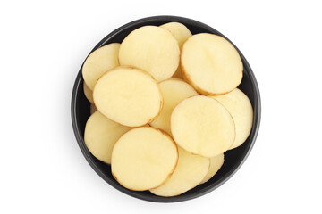young potato slices in ceramic bowl isolated on white background. Harvest new. Top view. Flat lay.
