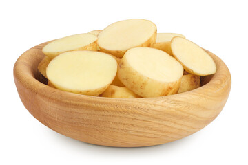 young potato slices in a wooden bowl isolated on white background. Harvest new