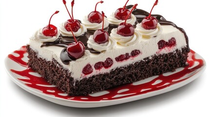 Authentic German Black Forest cake slice on a dessert plate, whipped cream and cherries, white background
