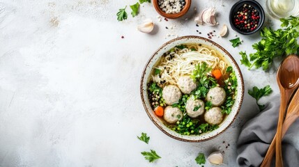Bakso, Indonesian meatball soup with noodles and herbs, styled on a white table background. -
