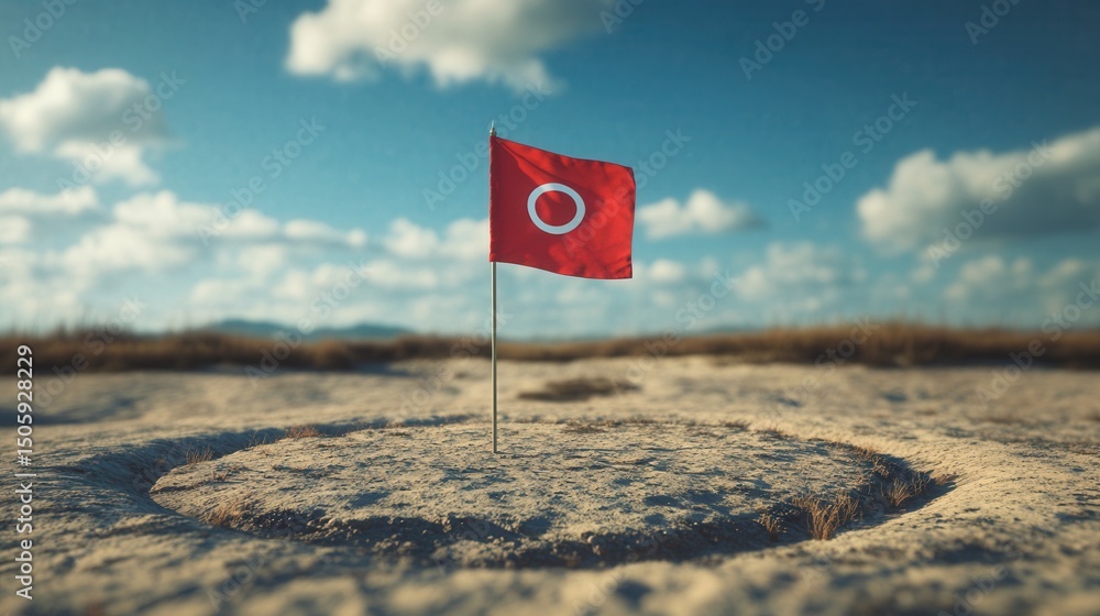 Poster a bright red flag with a distinct circular emblem standing alone on a hardened ground under a blue s