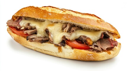 Bauru sandwich with roast beef, tomato, melted cheese in French bread, isolated white background