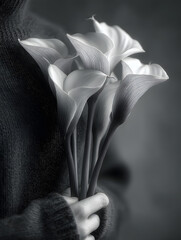 A person holds a bouquet of white calla lilies, captured in soft grayscale—symbolizing purity, memory, and gentle sorrow with quiet dignity.